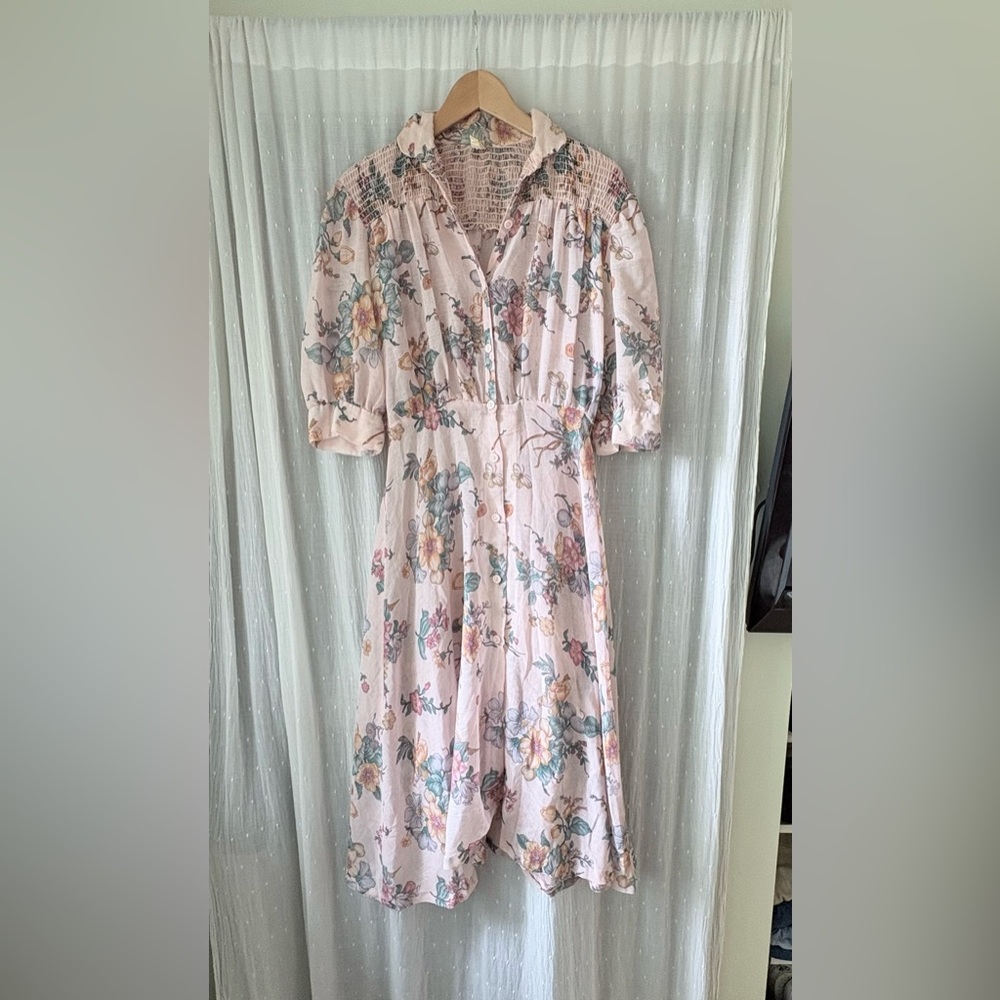 Vintage Floral Smocked Midi Dress Women’s Small Cottagecore Boho